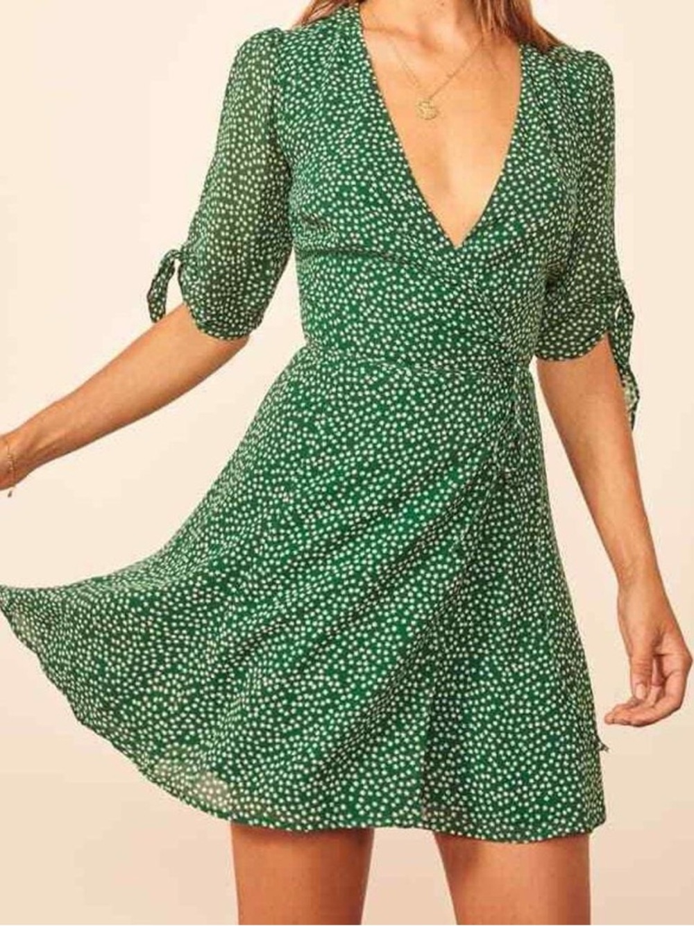 Reformation Green Polka Dot Mini Wrap Dress